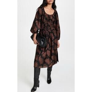 Rebecca Taylor Arden Fern Print Black Brown 100% Silk Midi Dress S